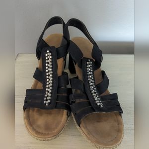 Women's Rieker Black Jeweled Open Toe Slip On Heeled Sandals Sz. 9.5
